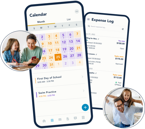 Images of the OurFamilyWizard app's features for calendaring and expense tracking next to two images of parents and children.